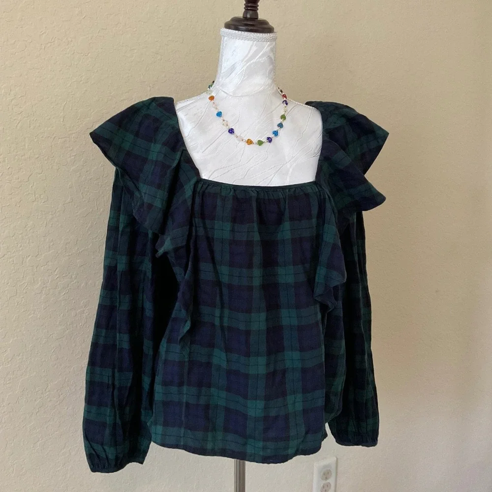 NWT J.Crew Womens XL Black Watch Plaid Ruffle Top Green Navy Square Neck Blouse